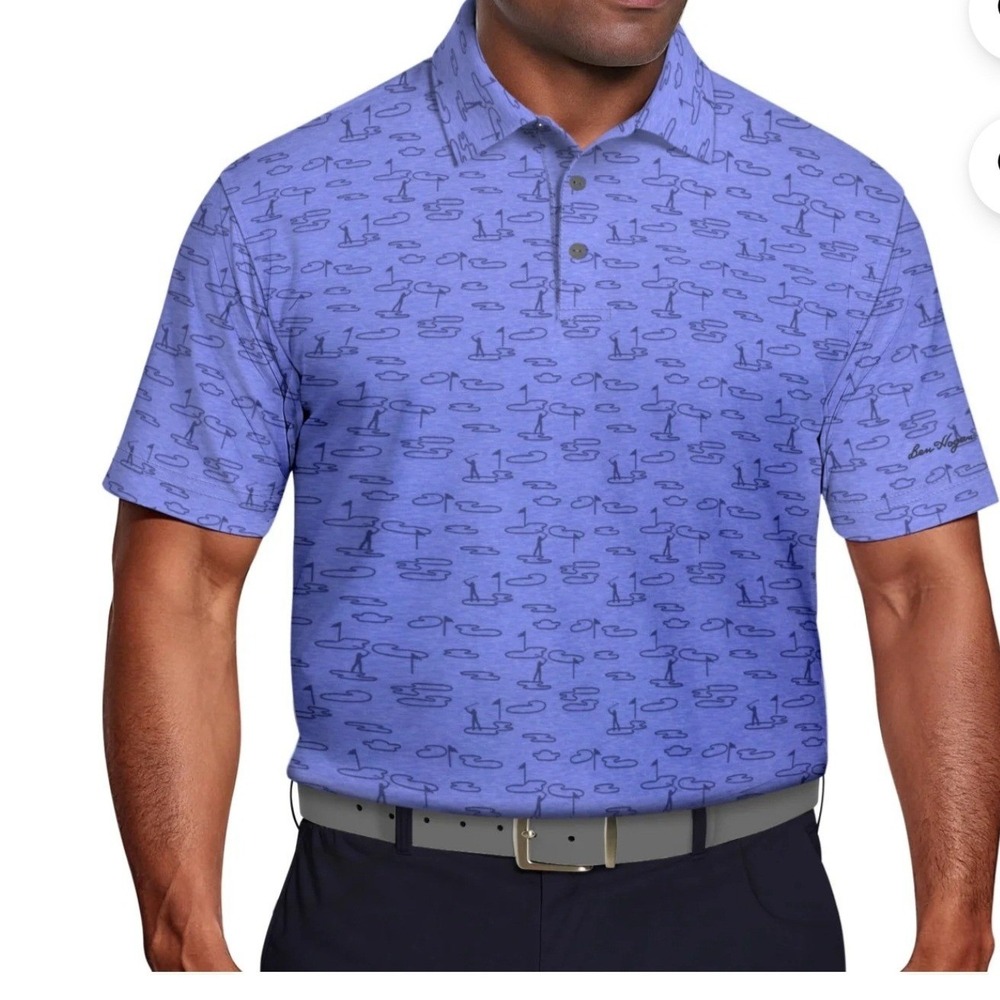 Ben Hogan Polo Shirt Men XL Blue Performance Golfers Novelty Print Preppy Sporty
